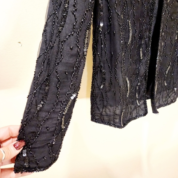 J.M.C Women's Vintage Black Sequins Beaded Long Sleeves Silk Evening Cardigan PS - Picture 7 of 12